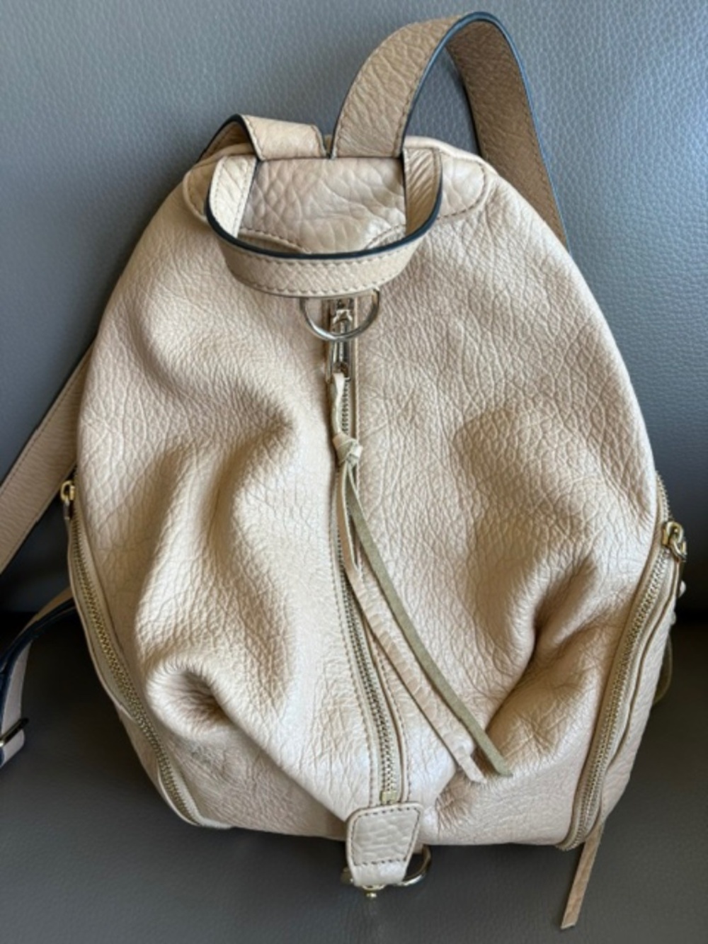 REBECCA MINKOFF Designer Women's pebbled leather backpack bag light tan beige